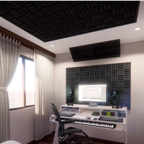home recording studio with acoustic foam treatment