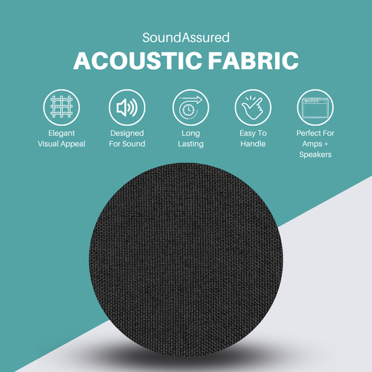 SoundAssured black acoustic fabric sample for DIY acoustic panels, speakers, and amps, featuring elegant visual appeal, acoustically transparent design for sound absorption, durable long-lasting material, and easy-to-handle fabric for home studios and professional sound treatment.