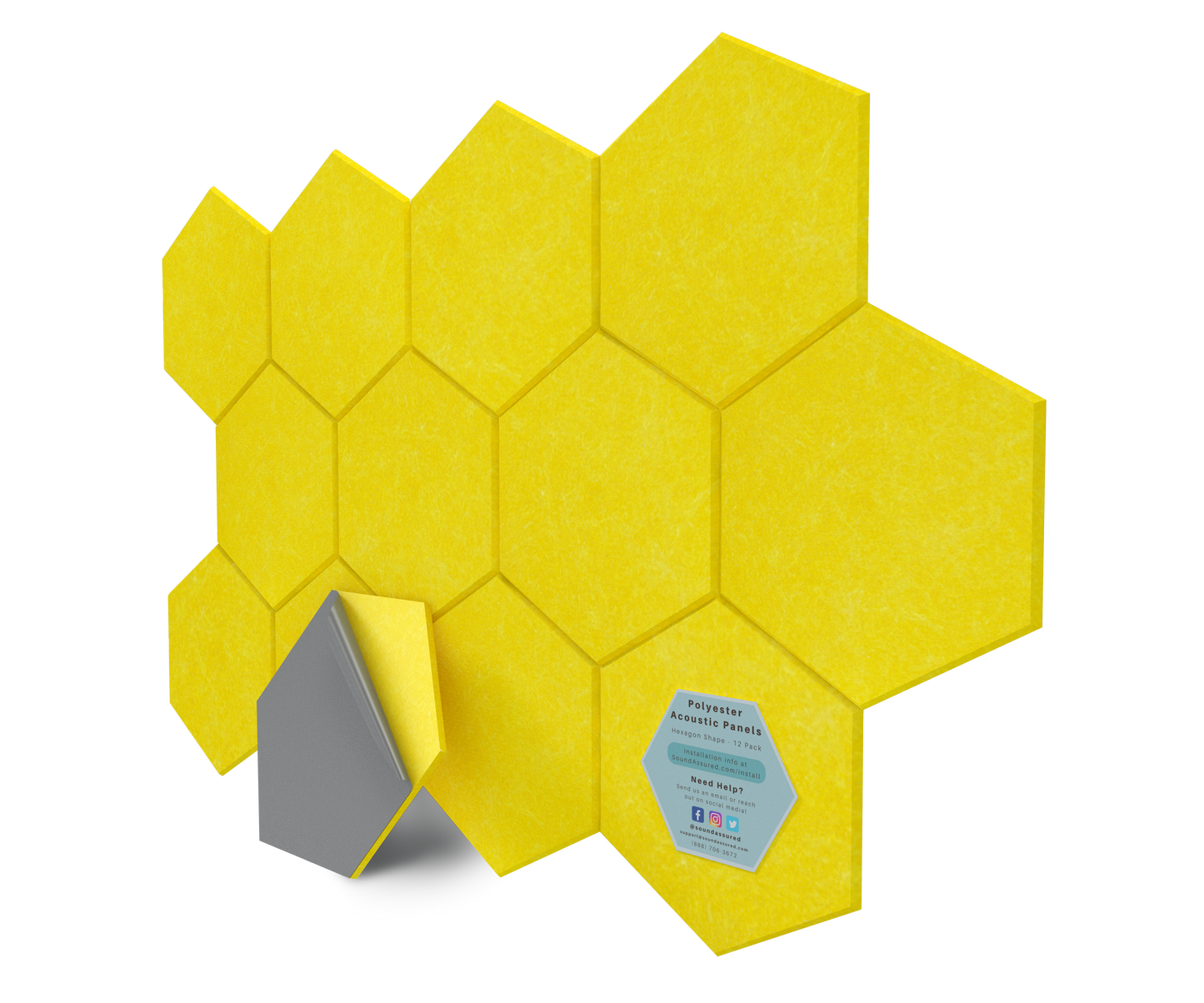 Hexagon Polyester Acoustic Panels - 12 Pack | Eco-Friendly Sound Absorption | Easy Peel & Stick Installation