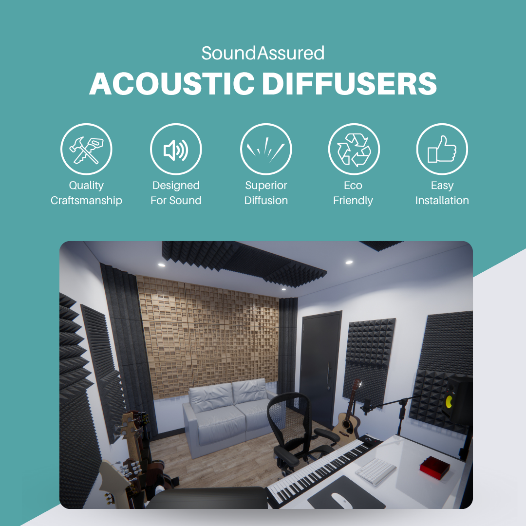 Graphic showing key benefits of SoundAssured acoustic diffusers including quality craftsmanship, sound performance, superior diffusion, eco-friendliness, and easy installation.