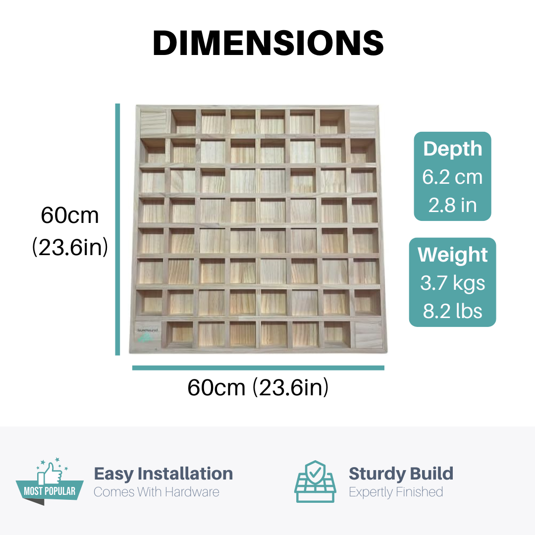 Image showing dimensions of QRD-S pine wood acoustic diffuser panel – 60cm x 60cm, 6.2cm depth, 3.7kg weight. Labels in both metric and imperial units.