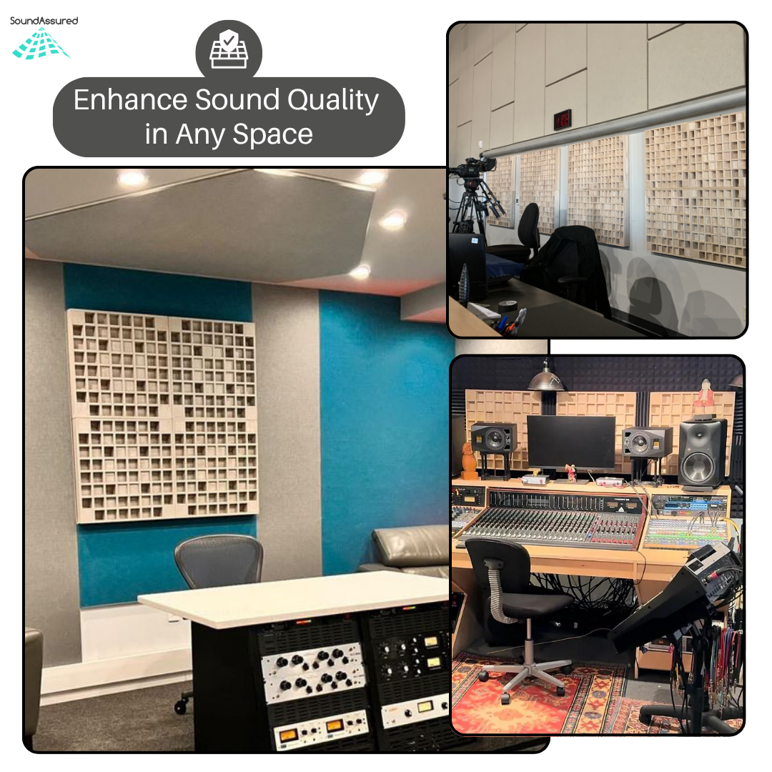 Collage of different rooms using SoundAssured acoustic diffuser panels, including studios and conference rooms, labeled ‘Enhance Sound Quality in Any Space.’