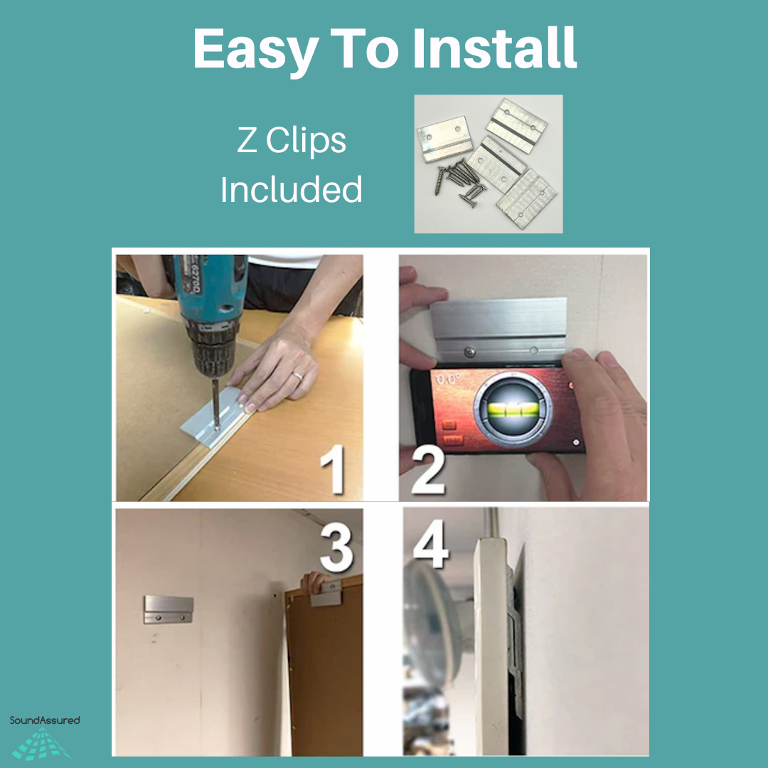 Step-by-step instructions for installing acoustic diffuser panels using Z-clips. Includes photos of hardware, drilling, leveling, and wall mounting.