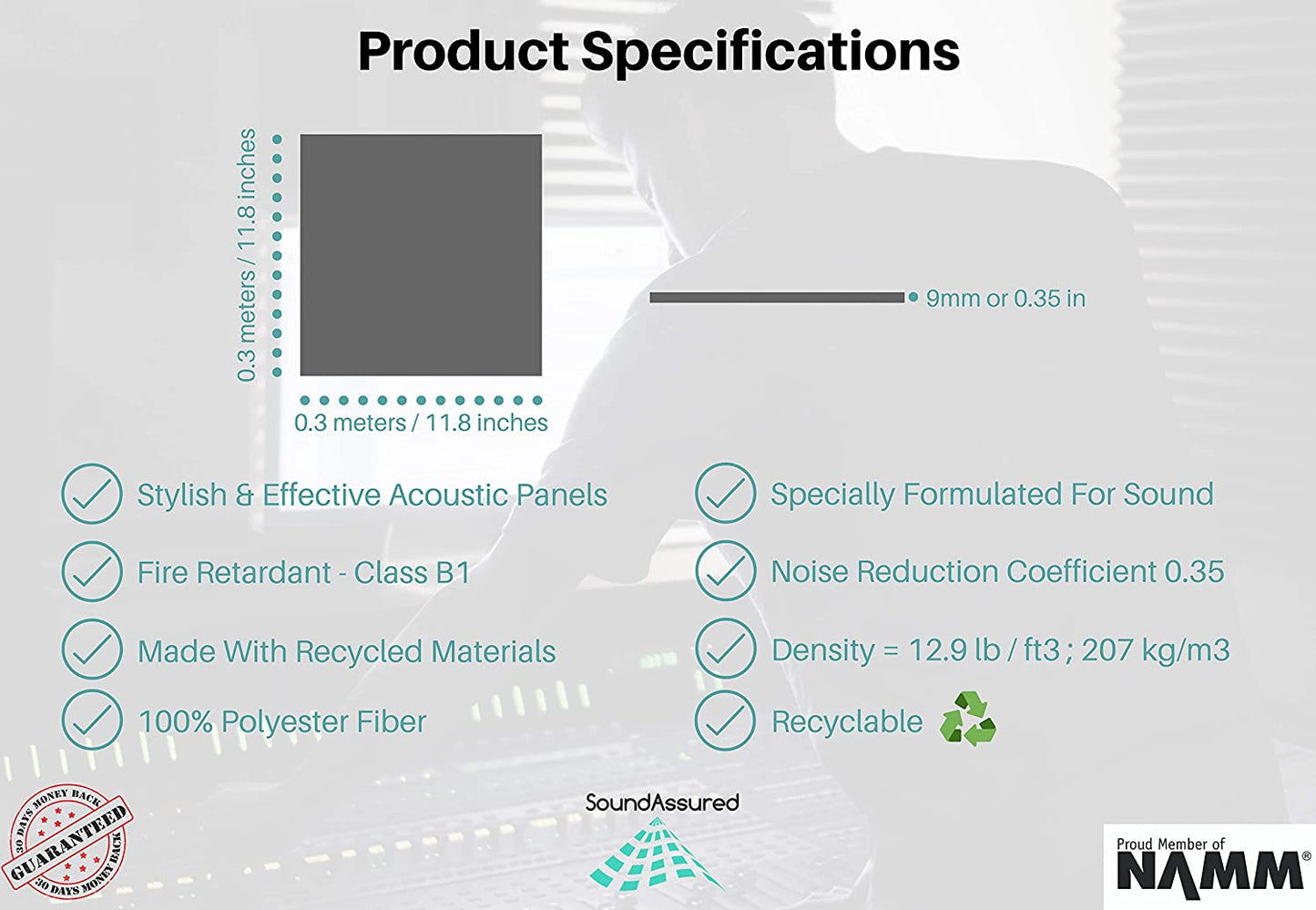 Square Polyester Acoustic Panels - 6 Pack Acoustic Tiles