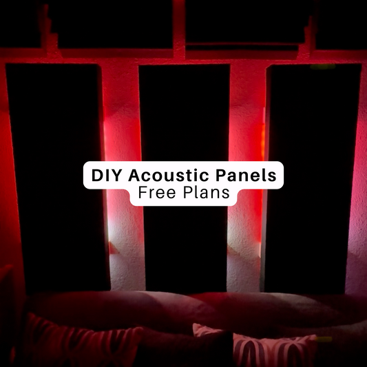 Three black DIY acoustic panels mounted on a red backlit wall above a couch, with bold white text overlay that reads “DIY Acoustic Panels – Free Plans.”