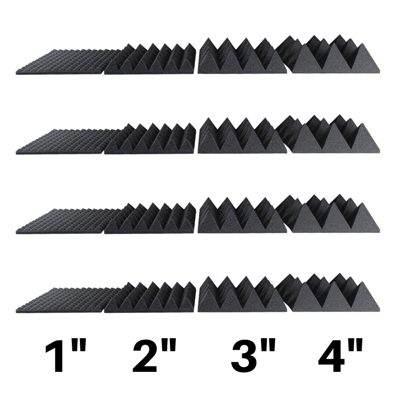 acoustic foam thicknesses - 1 2 3 and 4 inch thick pyramid style foam panels
