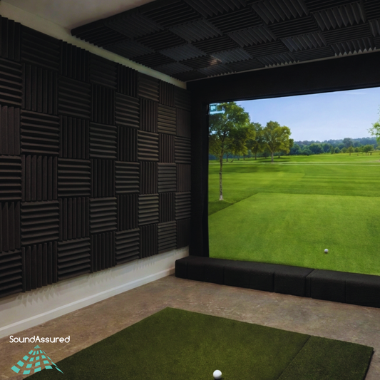 Indoor golf simulator room with black acoustic foam panels installed on the walls and ceiling to reduce echo and impact noise.