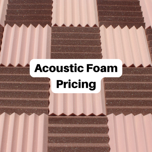 Close-up of rosy beige and brown wedge acoustic foam panels with text overlay that reads "Acoustic Foam Pricing" — used to illustrate cost and product options for soundproofing materials.