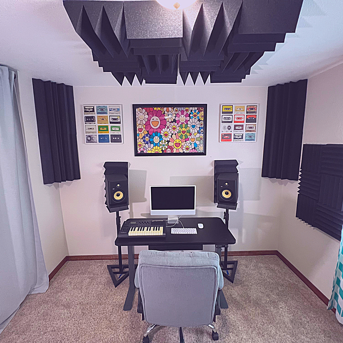 home recording studio setup with acoustic treatment - spare bedroom turned into a recording studio with acoustic foam panels and bass traps