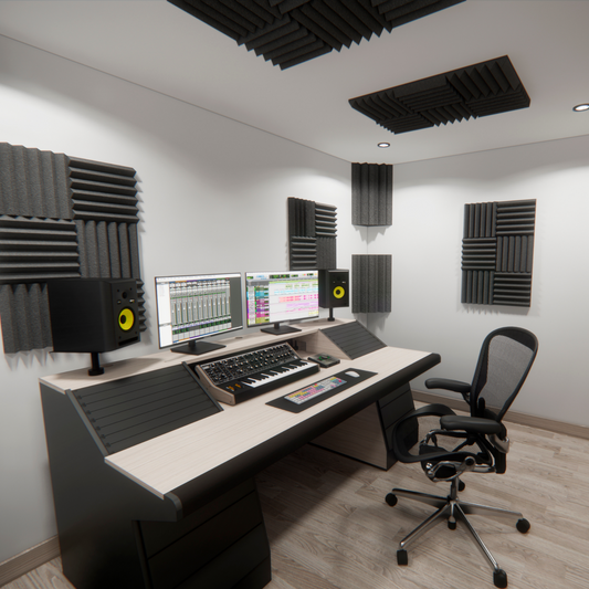 recording studio setup with acoustic treatment