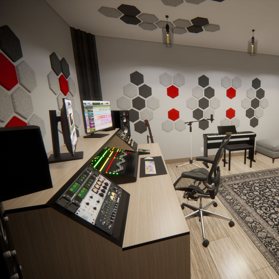 recording studio with acoustic treatment hexagon acoustic panels and bass traps