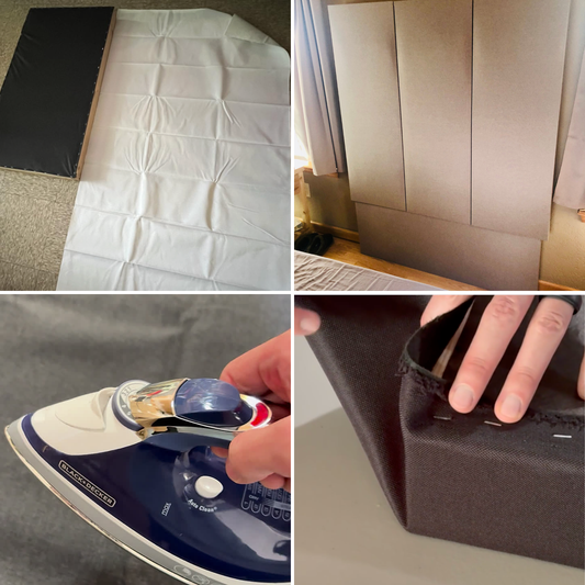 Collage showing steps to remove wrinkles from acoustic fabric, including wrinkled fabric before installation, smooth finished wall panels, ironing fabric, and stretching and stapling fabric over a panel frame