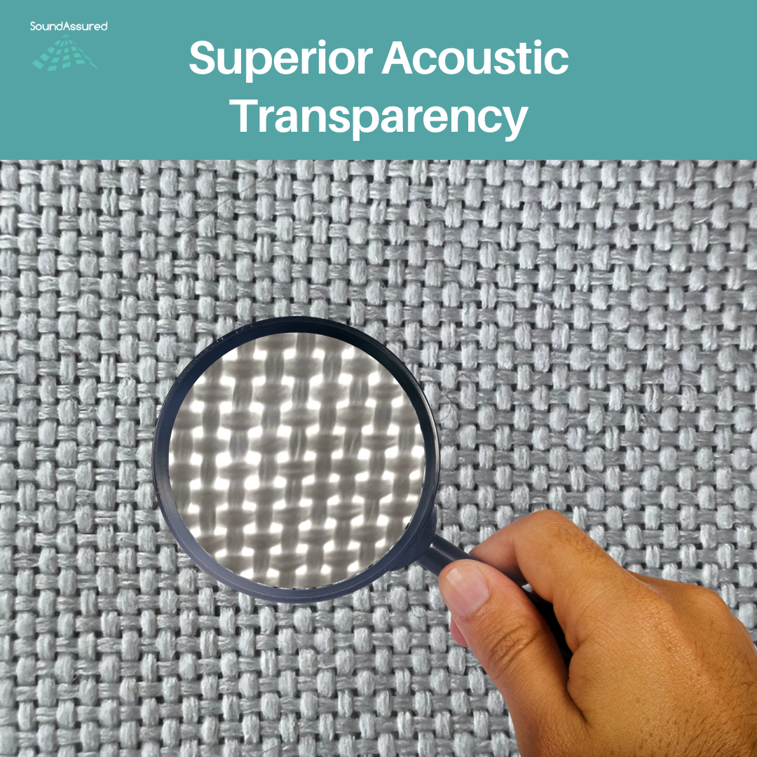 Magnified image of the acoustical fabric showing the weaving of the polyester fibers and the acoustic transparent property