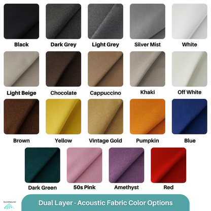 A color options chart for dual layer acoustic fabric, showing 19 square fabric swatches labeled with names such as Black, Silver Mist, White, Brown, Yellow, Red, and Blue. The bottom banner reads 'Dual Layer - Acoustic Fabric Color Options'.