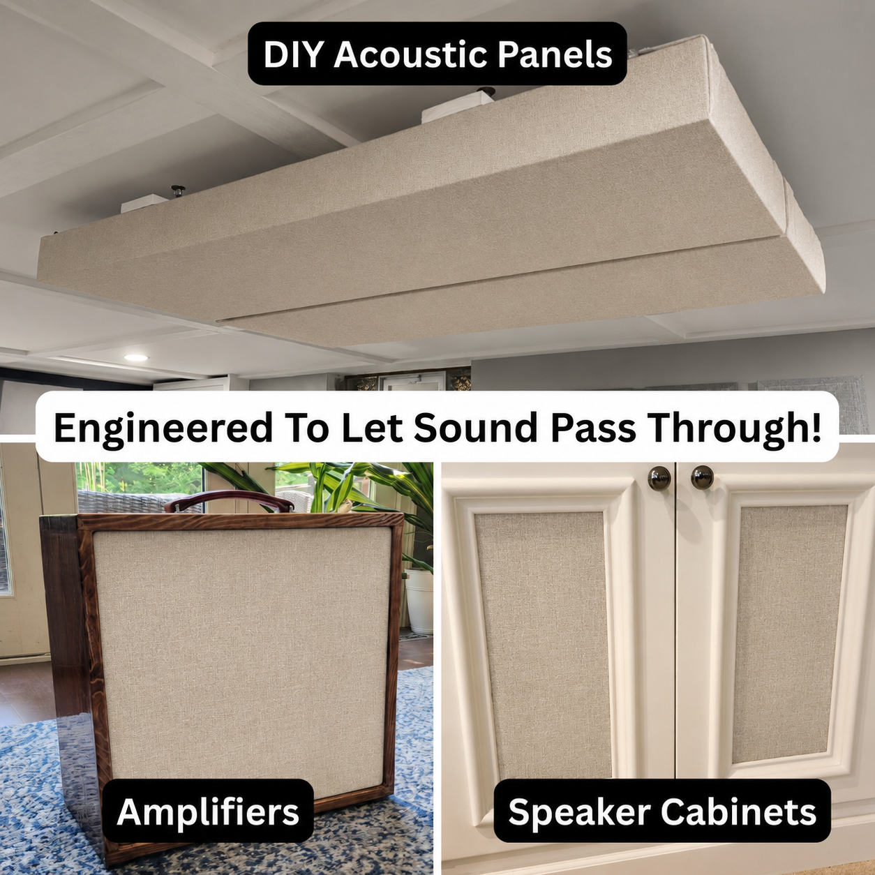 photo showing soundassured eco friendly fabric used to create DIY, acoustic panels, guitar, amplifier grill, cloth, and speaker cabinets