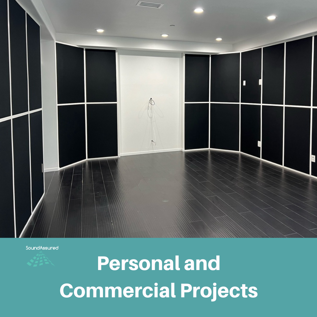 Acoustic Fabric used for personal and commercial projects - picture of room with black acoustical fabric wall