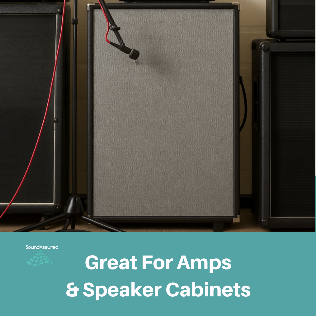 SoundAssured acoustic fabric used on guitar amp and speaker cabinet, ideal for DIY speaker covers, durable sound-transparent material in smokestone color.