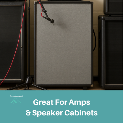 SoundAssured acoustic fabric used on guitar amp and speaker cabinet, ideal for DIY speaker covers, durable sound-transparent material in smokestone color.