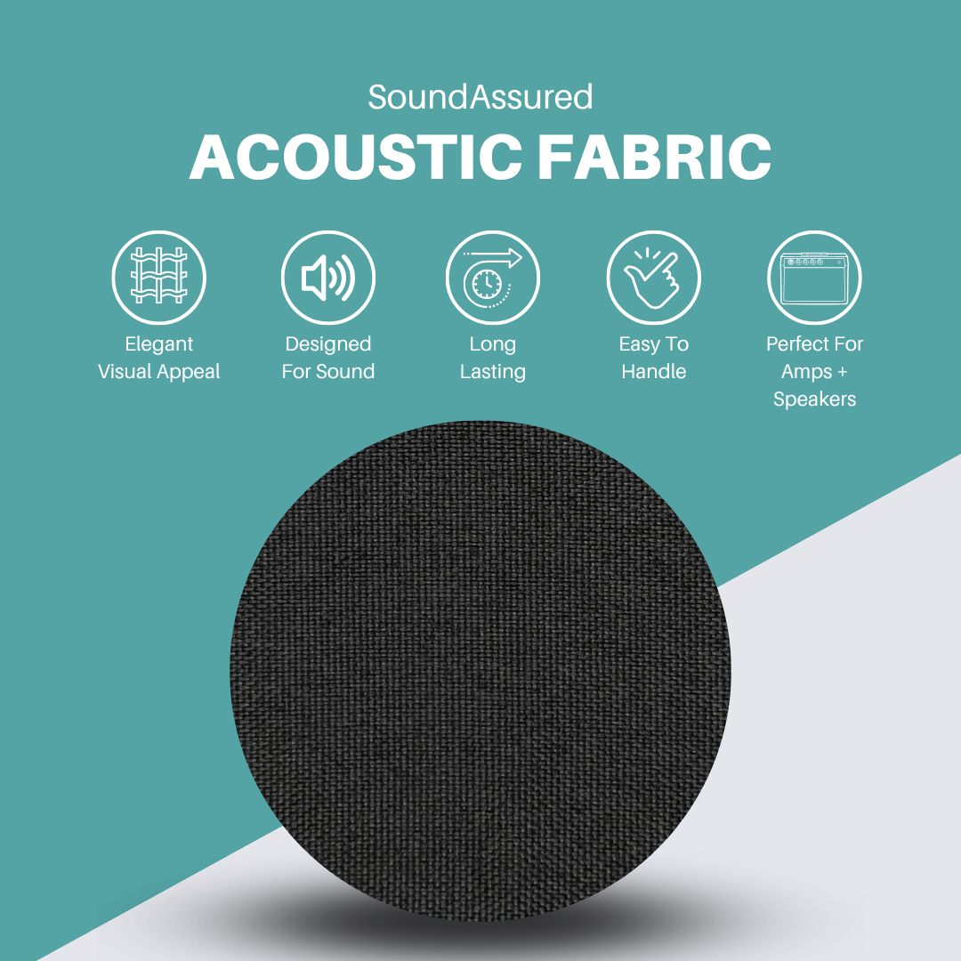SoundAssured black acoustic fabric sample for DIY acoustic panels, speakers, and amps, featuring elegant visual appeal, acoustically transparent design for sound absorption, durable long-lasting material, and easy-to-handle fabric for home studios and professional sound treatment.