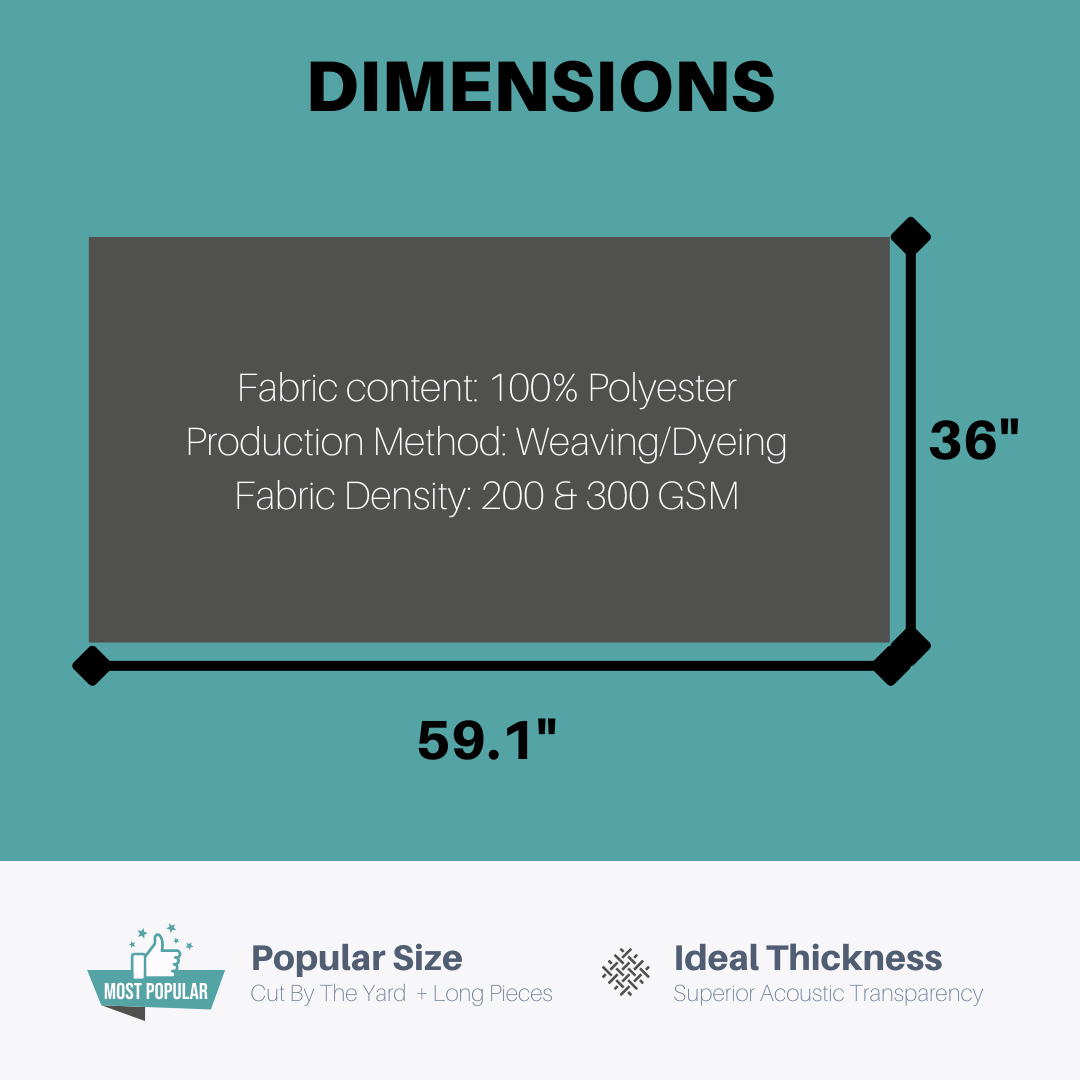 SoundAssured acoustic fabric dimensions 59.1 by 36 inches, 100% polyester with 200 and 300 GSM density, ideal for DIY acoustic panels, speaker fabric, and sound absorption projects.