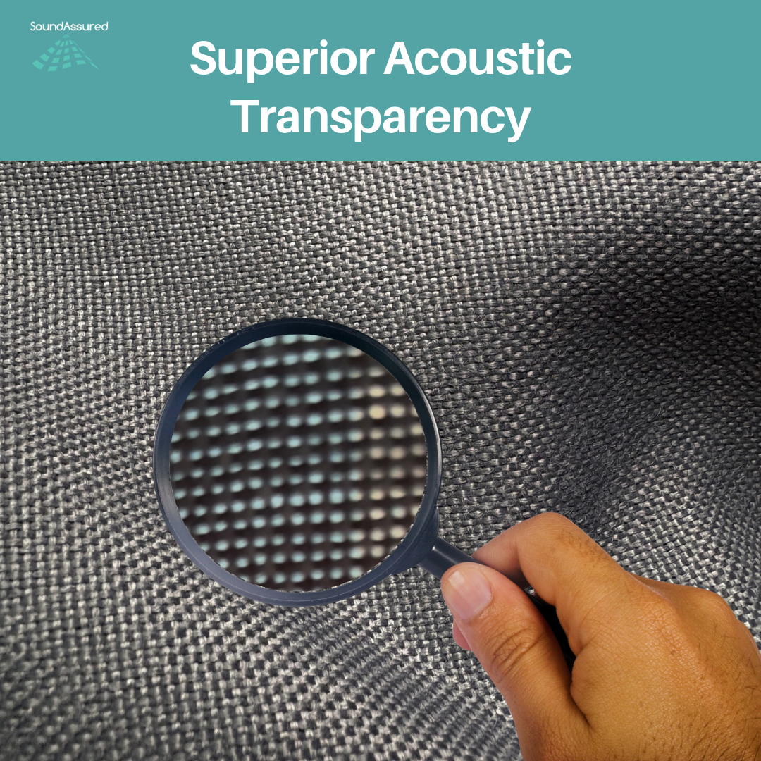 SoundAssured acoustic fabric in smokestone gray showing superior acoustic transparency with magnified close-up view, ideal for DIY acoustic panels, speaker covers, and sound absorption projects.