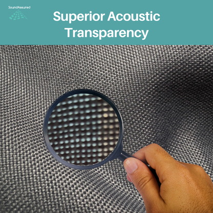 SoundAssured acoustic fabric in smokestone gray showing superior acoustic transparency with magnified close-up view, ideal for DIY acoustic panels, speaker covers, and sound absorption projects.