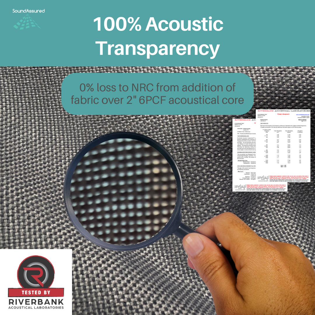 SoundAssured acoustic fabric in smokestone gray showing superior acoustic transparency with magnified close-up view, ideal for DIY acoustic panels, speaker covers, and sound absorption projects. 100% acoustic transparency tested by 3rd party lab Riverbank Acoustics