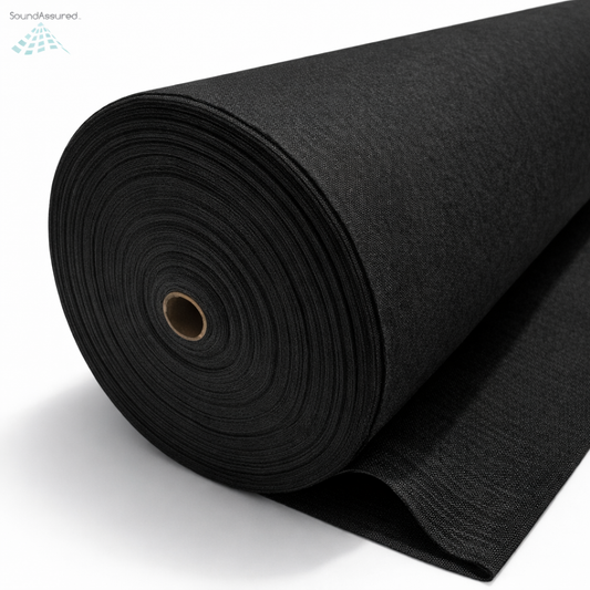 Black acoustically transparent fabric roll for DIY acoustic panels, speaker grills, and sound treatment