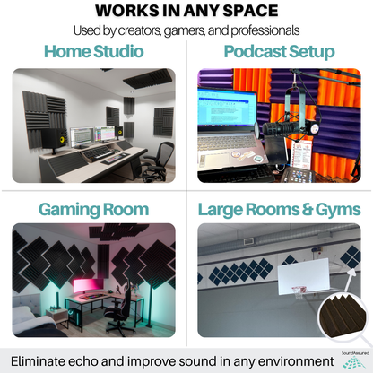 Acoustic foam panels used in home studios, podcast setups, gaming rooms, and large spaces like gyms