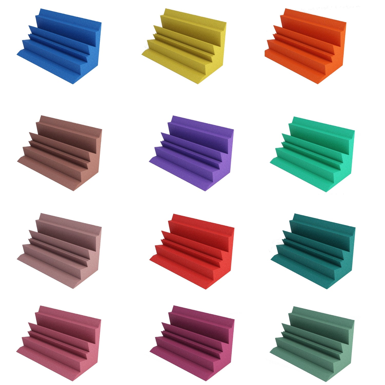 acoustic foam bass traps 12 different colors, blue, yellow, orange, brown, purple, kelly green, rosy beige, red, teal, burgundy, plum, forest green
