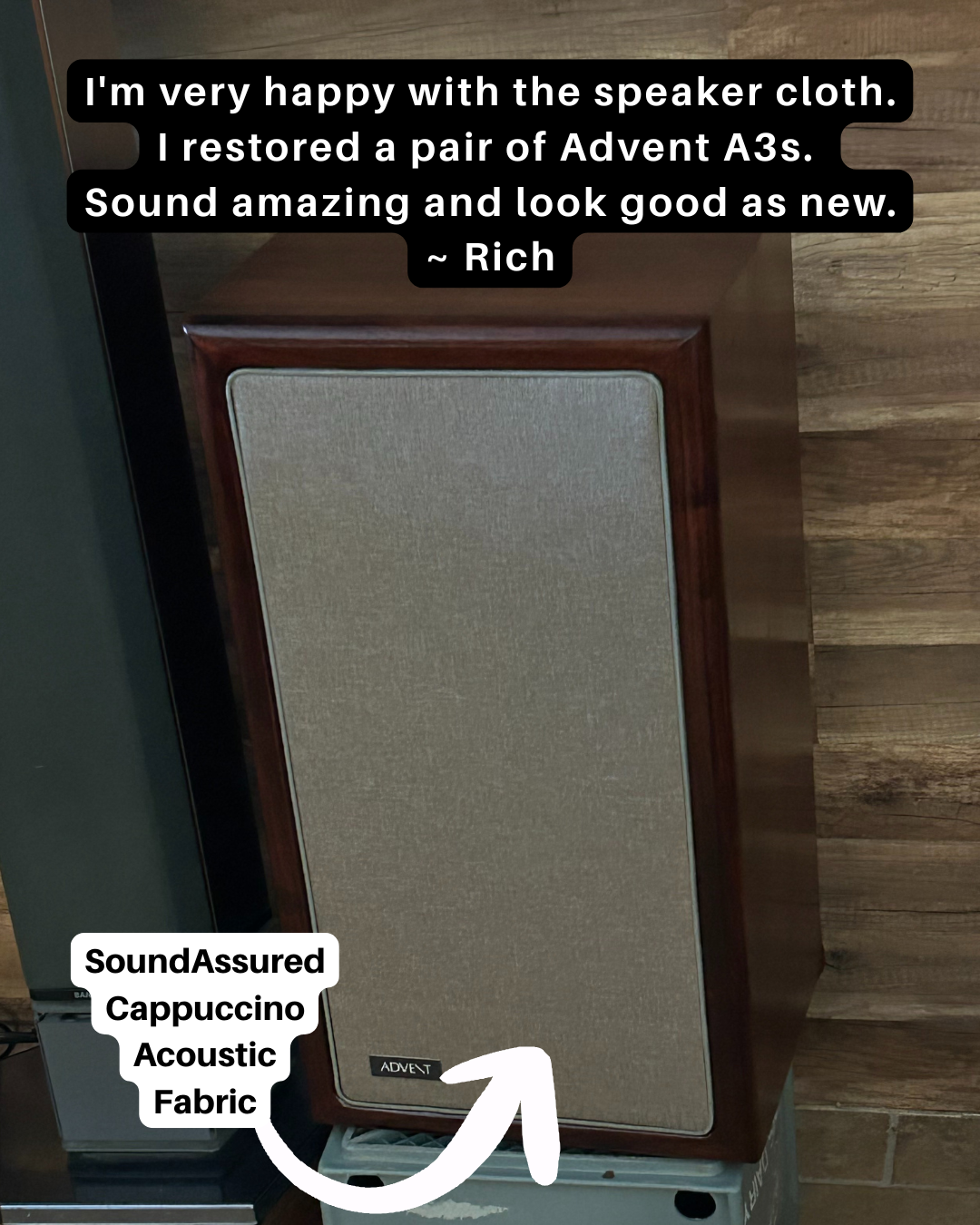 Restored Advent A3 speaker with SoundAssured Cappuccino Acoustic Fabric, showing a fresh, clean look and vintage wood cabinet.