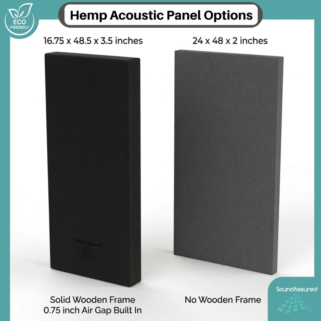 SoundAssured hemp acoustic panel options with wooden frame air gap panel and frameless hemp acoustic sound absorption panel
