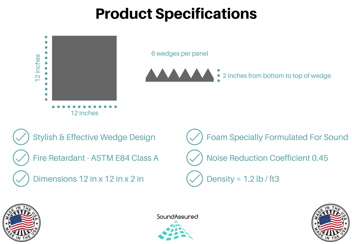 12x12x2 inch acoustic foam panel - charcoal color - wedge design product specifications