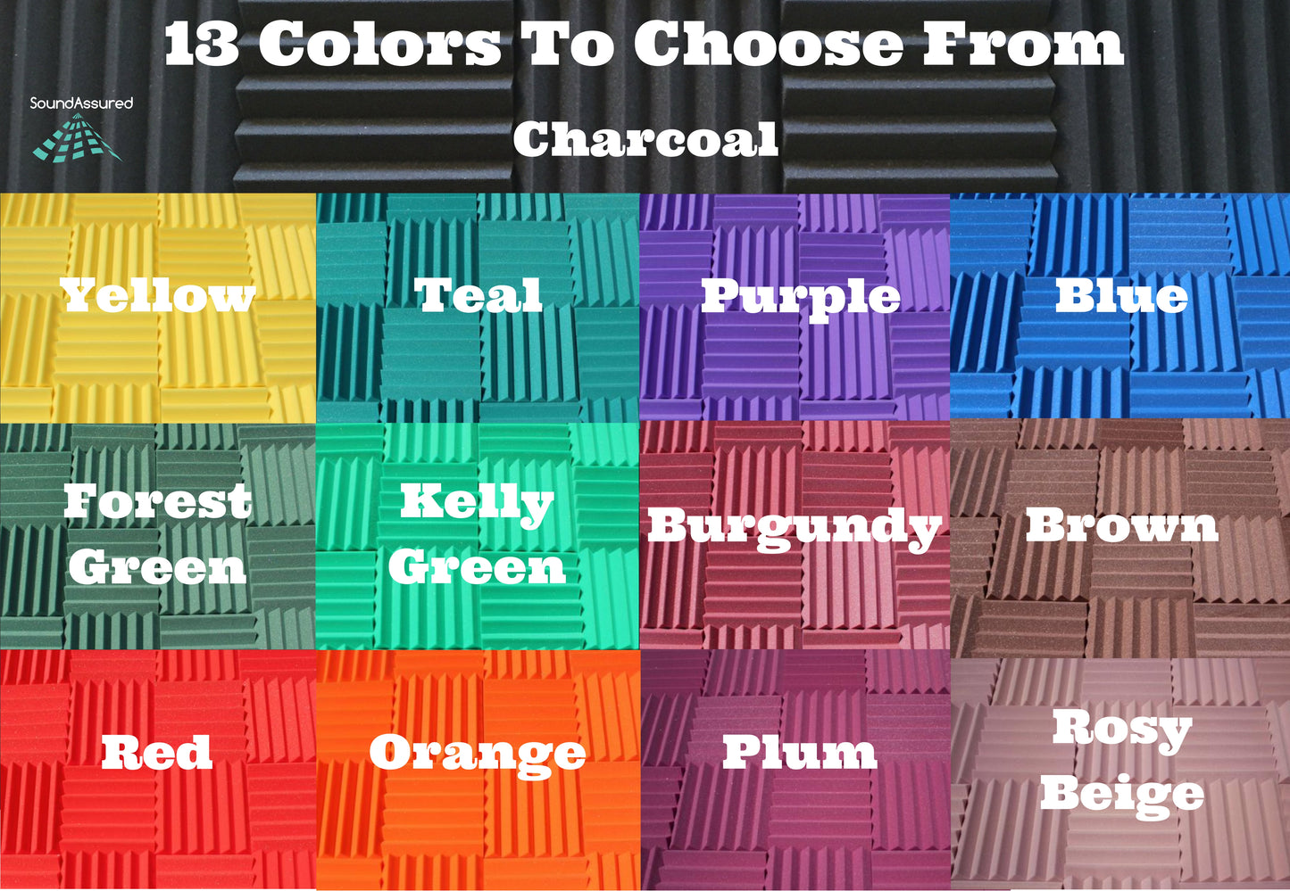 this is an image of a color grid showing 13 color options for acoustic foam panels. Blue Brown Burgundy Charcoal Forest Green Kelly Green Orange Plum Purple Red Rosy Beige Teal and Yellow