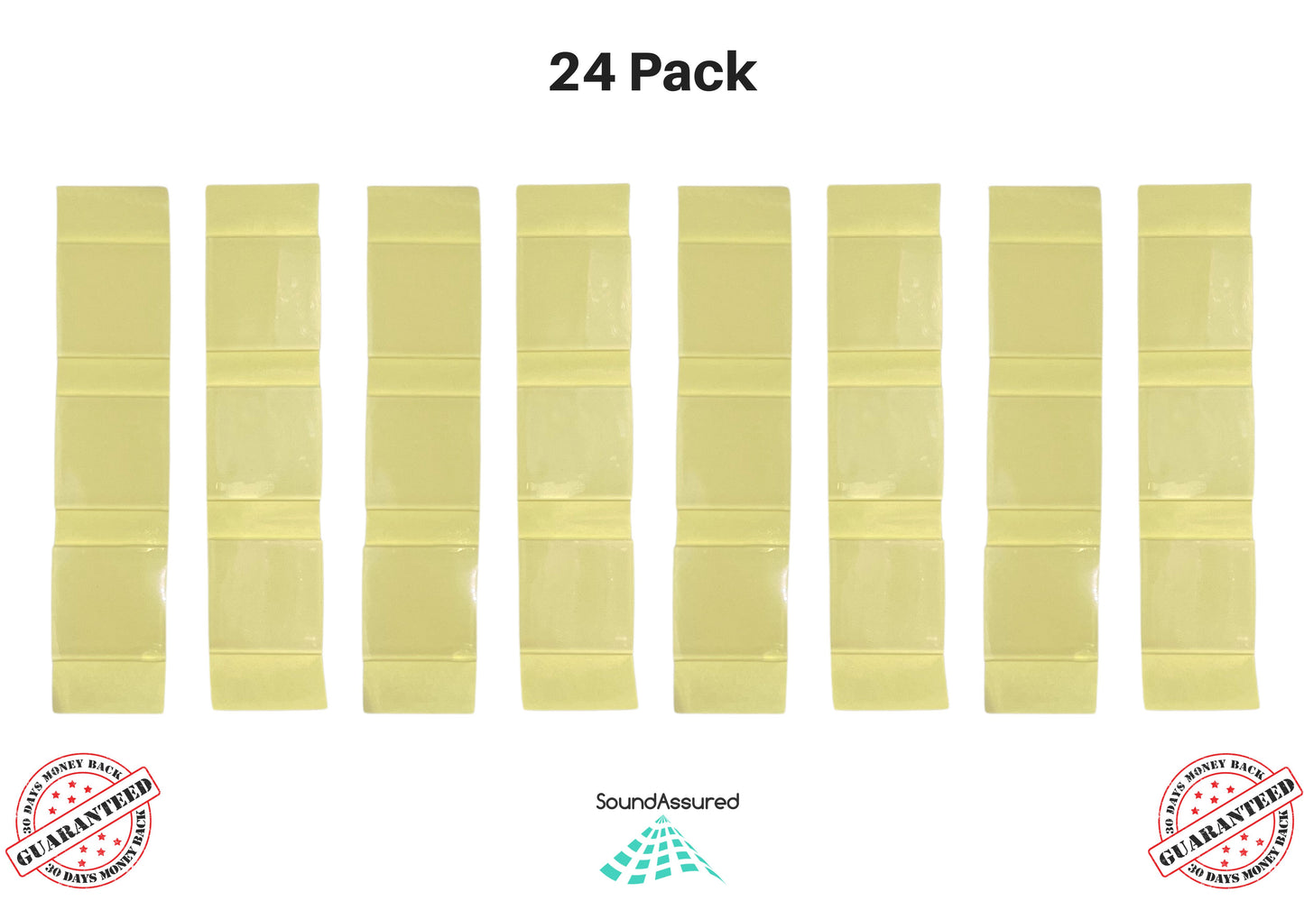 soundassured clear adhesive squares used for hanging acoustic foam panels and bass traps - this image shows 24 of the double sided mounting squares which come on yellow peel paper with 3 acoustic foam adhesives per yellow paper