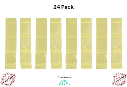 soundassured clear adhesive squares used for hanging acoustic foam panels and bass traps - this image shows 24 of the double sided mounting squares which come on yellow peel paper with 3 acoustic foam adhesives per yellow paper
