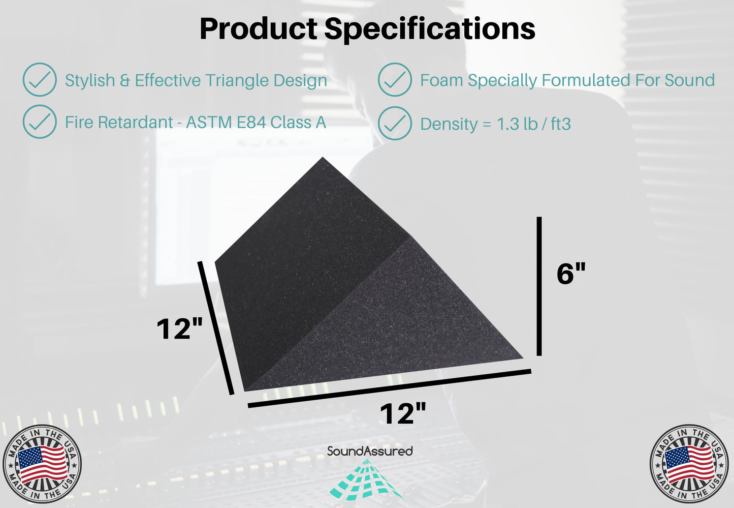 12x12x6 inch acoustic foam triangles - product specifications - soundassured acoustic foam wedge panels