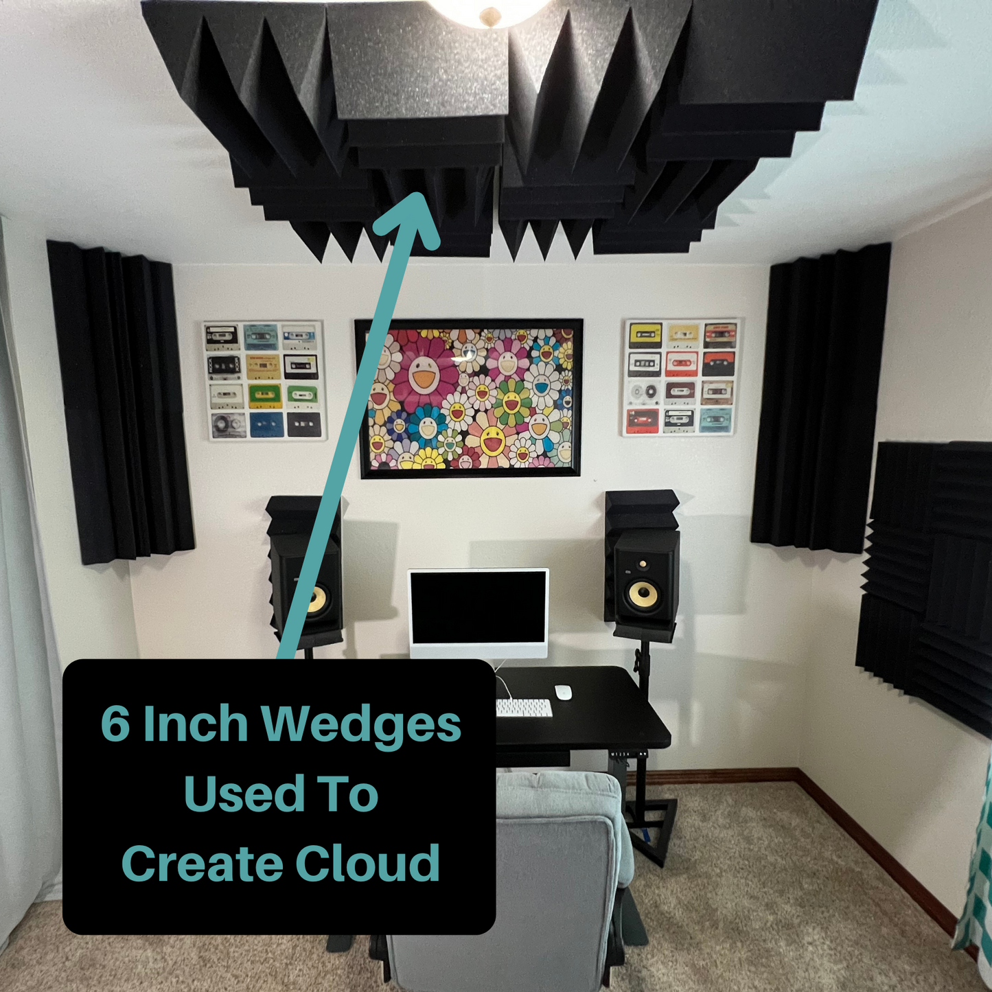 home recording studio with acoustic treatment showing the 12x12x6 inch wedge panels used to make a sound cloud above the listening position