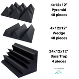 home theater acoustic treatment bundle - this image shows the various sizes of panels that are included in the bundles - 12x12x4 inch wedge and pyramid style charcoal acoustic foam  - 12x12x24 inch corner bass traps
