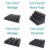 image showing 4 different types of acoustic soundproofing foam - 12x12x2 inch wedge panels, 12x12x3 inch wedge panels, 12x12x3 inch pyramid panels, and 12x12x24 inch bass traps