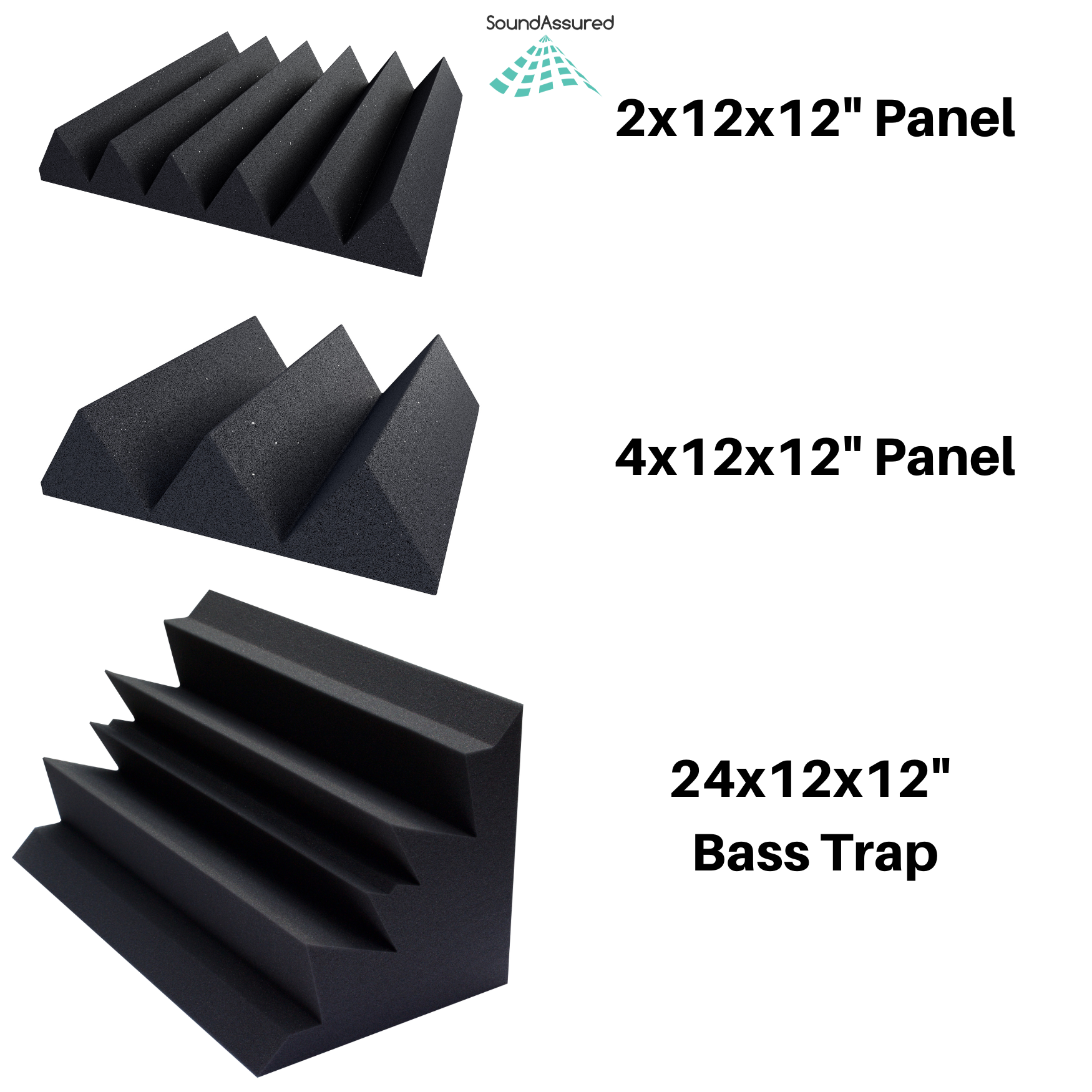 recording studio acoustic treatment bundles - this image shows the various sizes of panels that are included in the bundles - 12x12x2 inch wedge charcoal acoustic foam - 12x12x4 inch wedge style charcoal acoustic foam - 12x12x24 inch corner bass traps